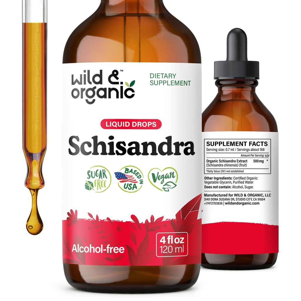 Wild & Organic Schisandra Tincture 500 mg - Natural Schisandra Supplement for Relaxation - Liquid Chinensis Berry Extract - Vegan, Sugar & Alcohol-Free Drops - 4 fl oz