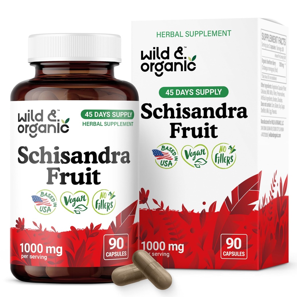 Wild & Organic Schisandra Capsules 1000 mg - Mood & Relaxation Support - Schisandra Berry Extract Supplement - Vegan, No Fillers, Non-GMO - 90 Count