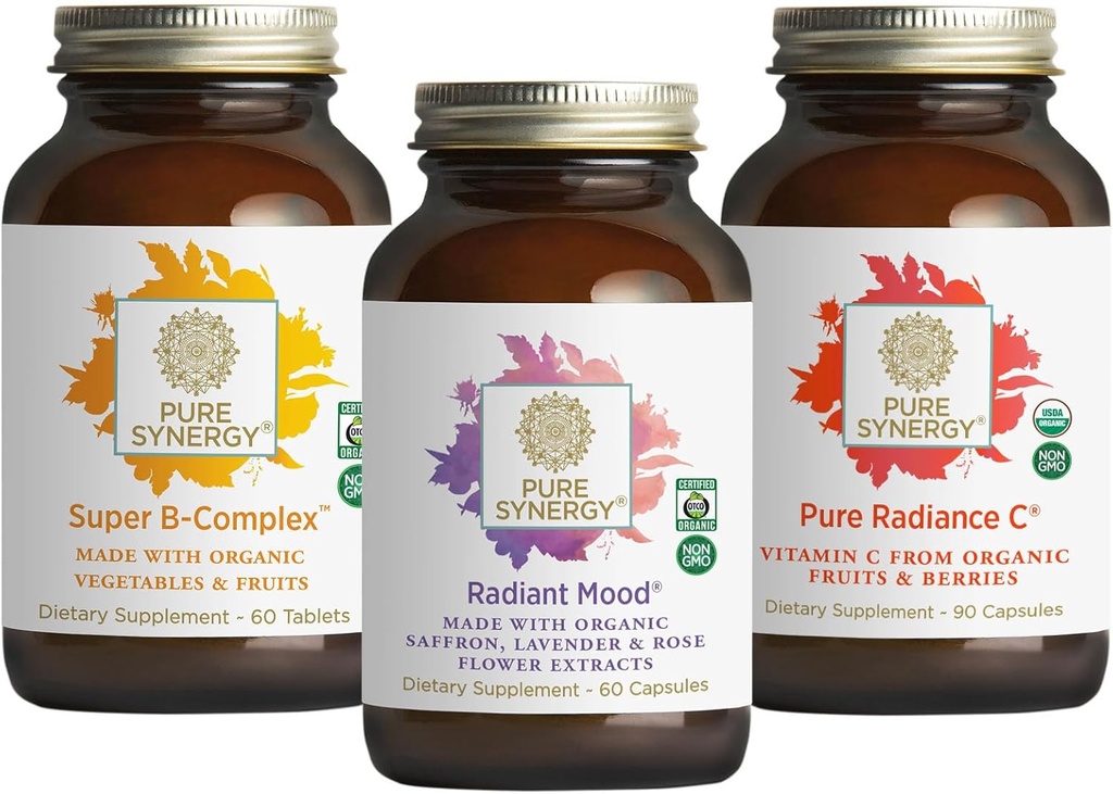 PURE SYNERGY Mood und Adrenal Support Bundle | Mood Support Supplement mit Organic Saffron Extract | USDA Organic Vitamin C | Vitamin B Complex Hergestellt mit ganzen Lebensmitteln | Non-GMO und Vegan