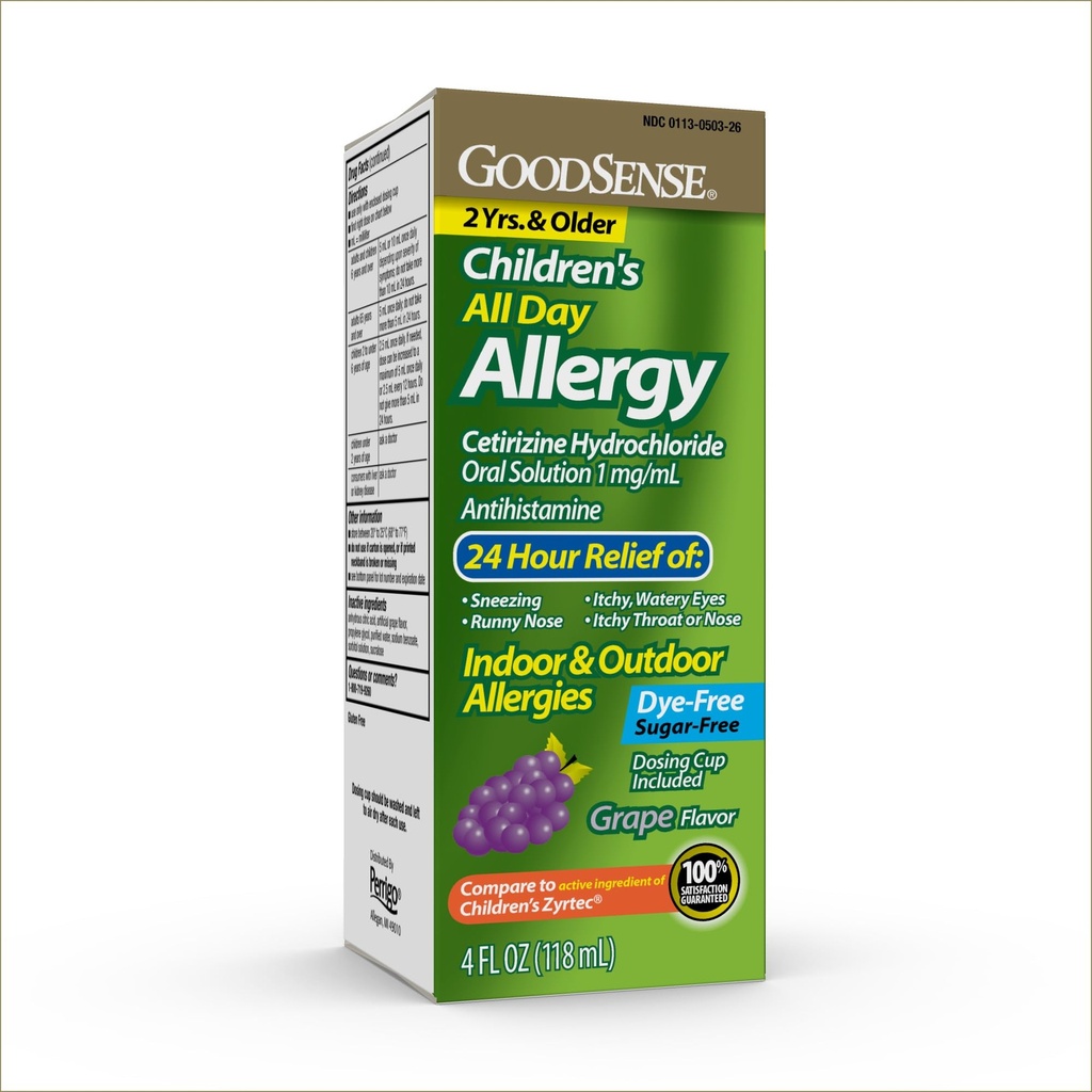 GoodSense Children’s All Day Allergy, Cetirizine Hydrochloride Oral Solution 1 mg/mL, Grape Flavor, 4 Fluid Ounces