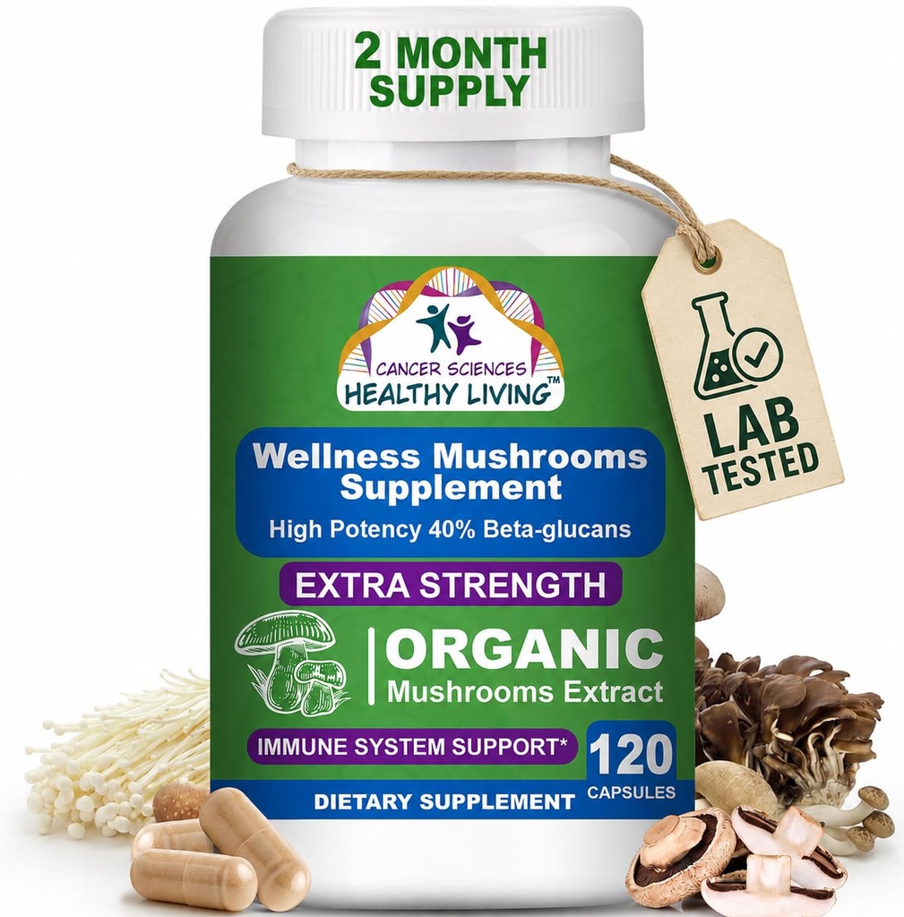 Cancer Sciences Organic Mushroom Supplement Kapseln - 1.500mg Non-GMO Wellness Pilz Complex 40% Beta-Glucans -Turkey Tail, Reishi, Cordyceps, Chaga Extract für Gehirn und Immununterstützung 120 Kapseln