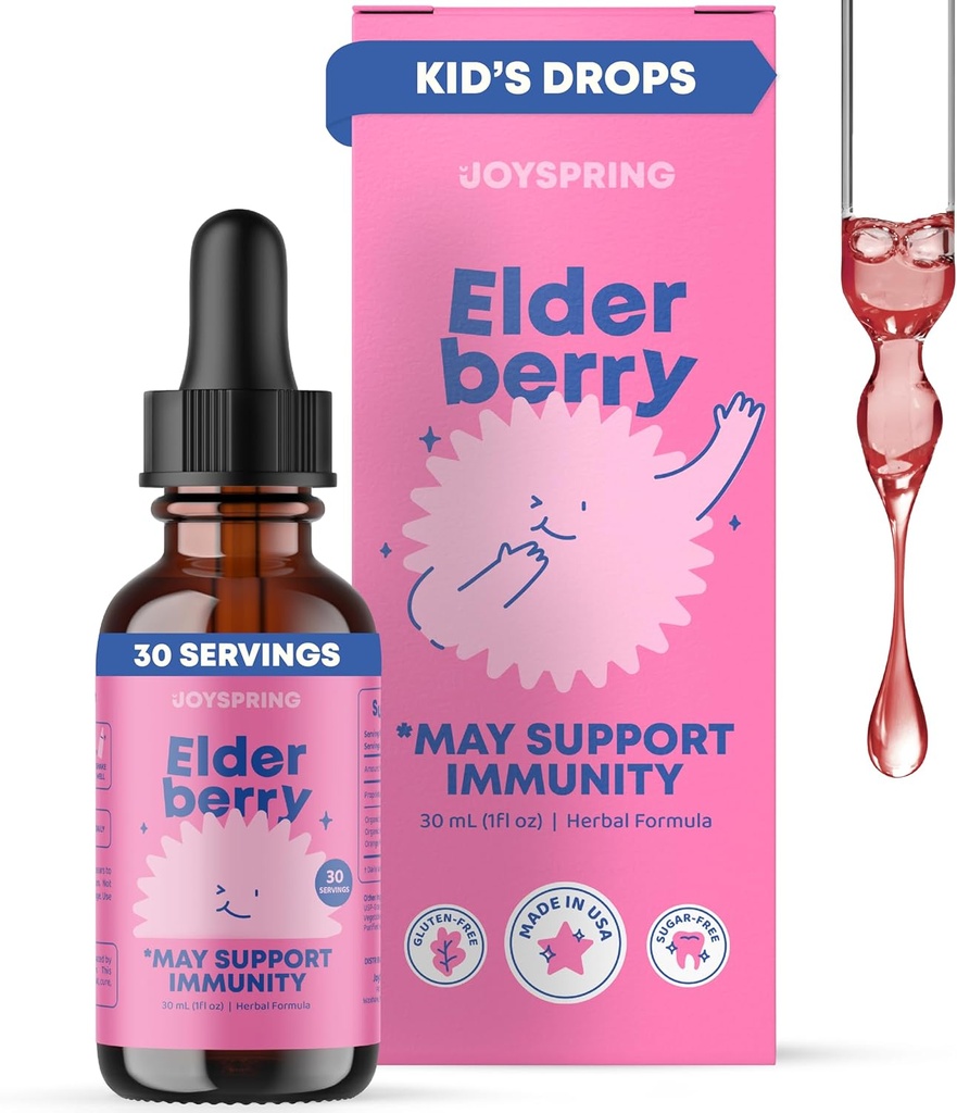 JoySpring Elderberry für Kleinkinder und Kinder Immununterstützung Flüssigkeit (1 fl oz) | Organic Kleinkind Elderberry Tropfen mit Vitamin C | Natürliche Geschmack | Vegan Ergänzung