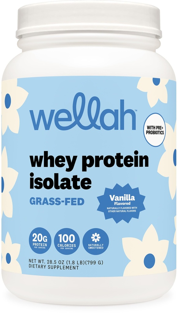 Wellah Grass-Fed Whey Protein Isolate Powder (Vanilla) 30 Servings - with Prebiotics, Enzymes & Probiotics, 20g of Protein, 100 Calories, Naturally Sweetened