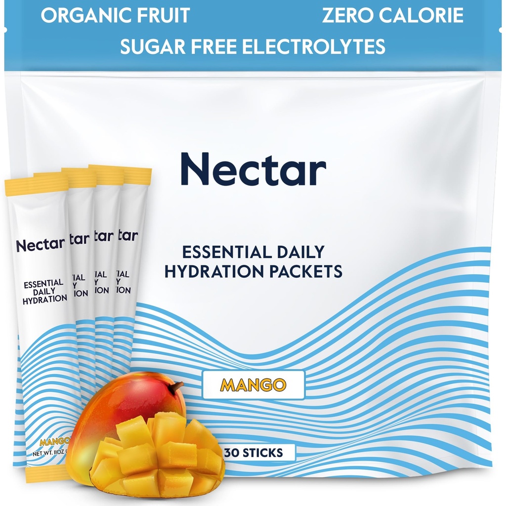 Nectar Hydration Packets - Electrolytes Powder Packets - Sugar Free & 0 Calorie - Organic Fruit Liquid Daily IV Electrolytes Powder for Dehydration Relief & Rapid Rehydration (Mango 30 Pack)