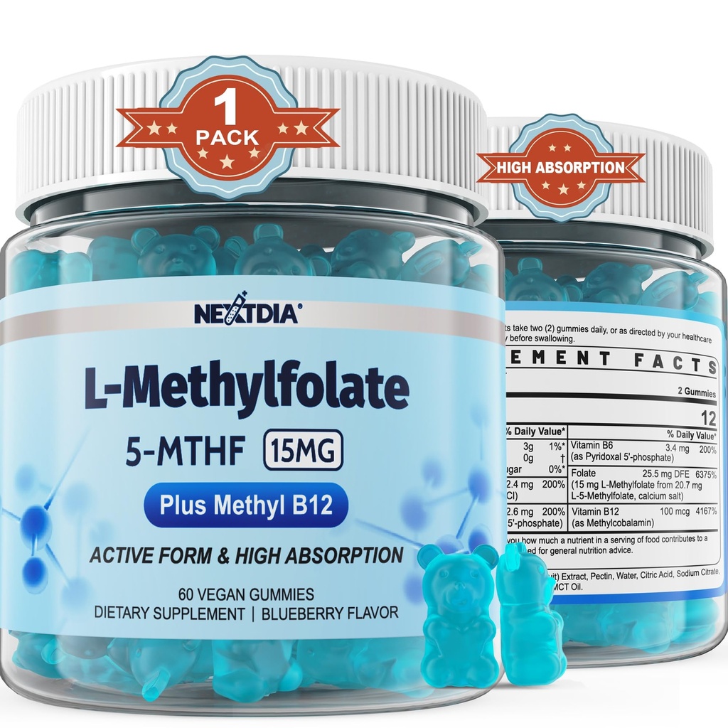 L-MethylFolate 15mg & Methyl B12 Gummies, Methylated B1, B2, B6 Multivitamins - Active 5-MTHF & High Absorption - Supports MTHFR Gene, Cognition, Homocysteine Levels, Folate Metabolism, Vegan, 60 Cts