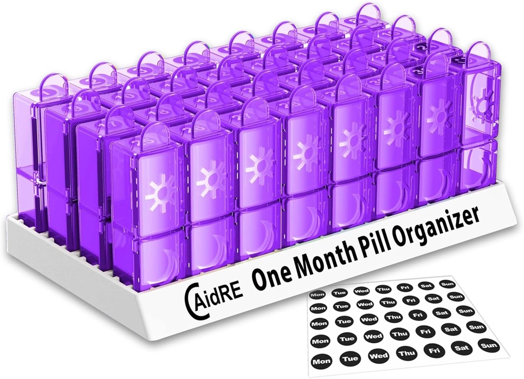 Organizzatore mensile di pillole 31 giorni PM – Un mese caso di pillole per i farmaci, vitamine e integratori – facile aperto Daily Pill Box organizzatore, 2 volte al giorno Pill Dispenser, viola