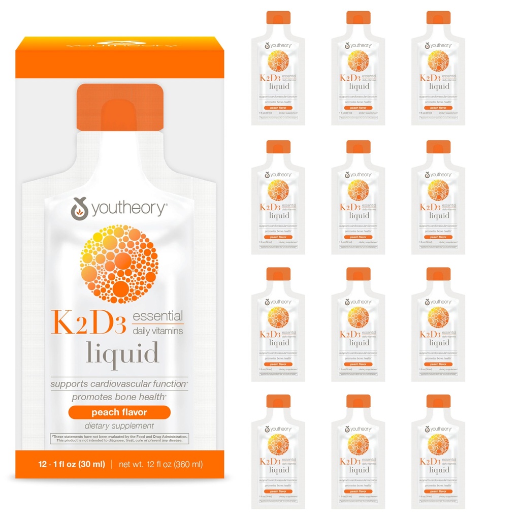 Youtheory K2D3 Liquid - Bone & Heart Health Support* - Combines Vitamin D3 & Vitamin K2 - Dairy, Soy & Gluten Free - Peach, 1 oz (12 Pack)