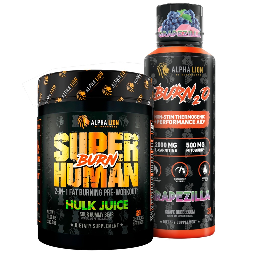 ALPHA LION Stubborn Fat Loss Stack – Superhuman Burn Pre Workout + Burn2O Liquid L-Carnitine 2000mg (Grapezilla) – 2-in-1 Thermogenic Fat Burning Stack for Men & Women