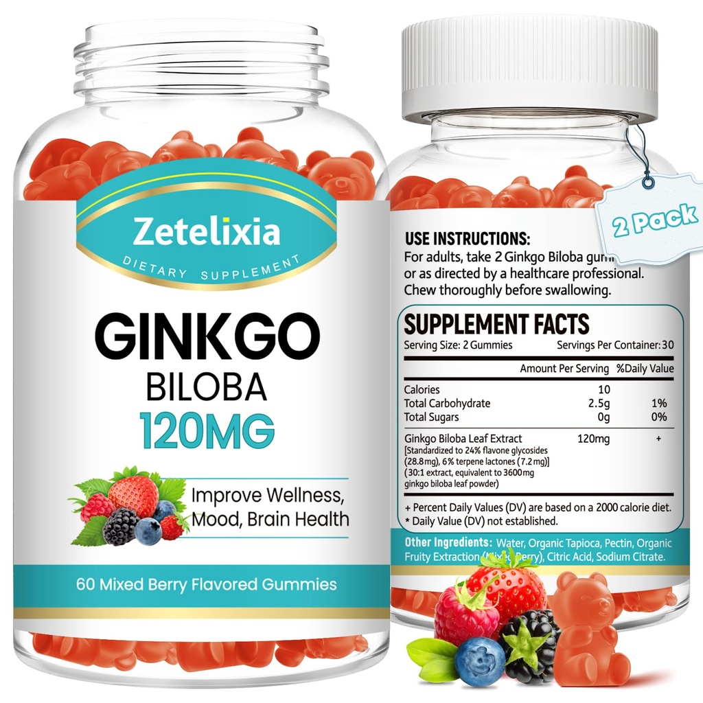 2 Confezione Ginkgo Biloba Gummies per le donne e gli uomini, Integratore del cervello Migliorare il Mood e la messa a fuoco, Vegan Mixed Berry Flavor 120 Count