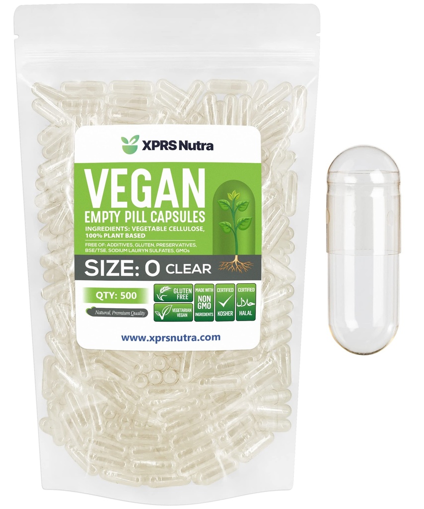 XPRS Nutra Größe 0 Leere Kapseln - 500 Graf Klare leere vegane Kapseln - Vegetarische Pillen - DIY Gemüse Kapsel Füllung - Veggie Pill Caps für Do-It-Yourself Ergänzungen