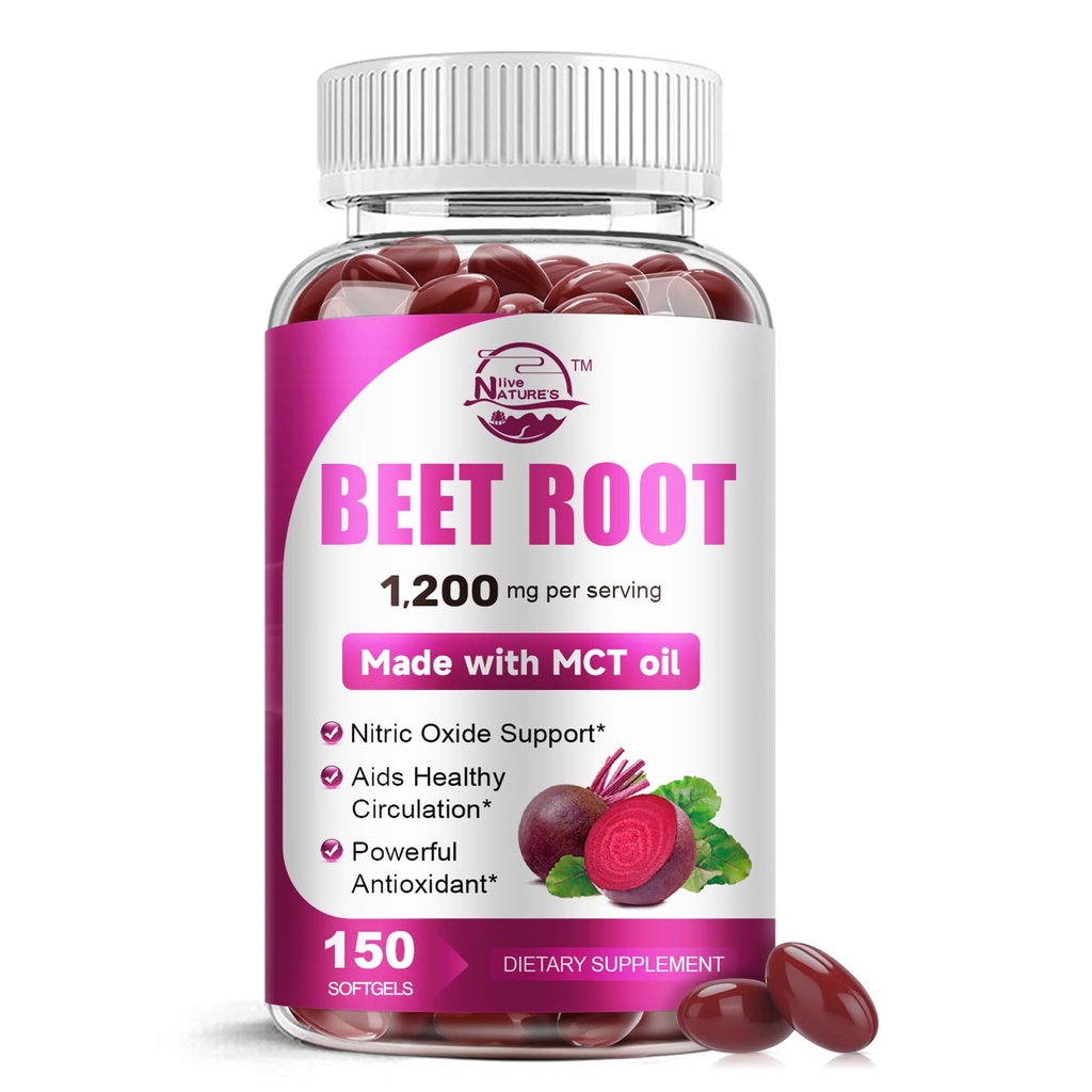 Beet Root Supplement with MCT Oil, 1200mg Max Strength per Serving, Aids Healthy Circulation & Vitality, Supports Digestive, Immune System, Super Beets Supplements, Non-GMO, 150 Softgels