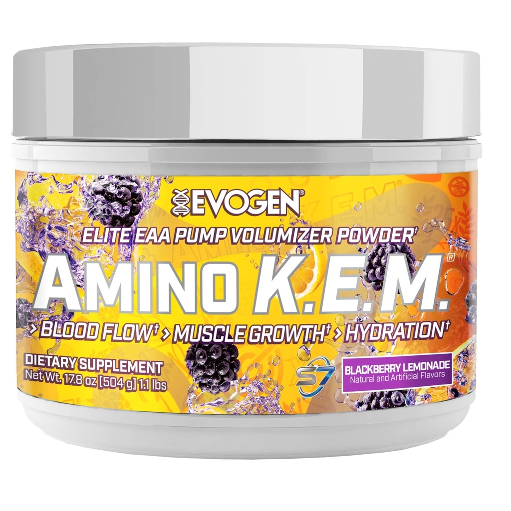 Evogen Amino K.E.M. - EAA & BCAA Pulverpumpe Volumizer | BCAAs Aminosäuren Supplement für Blutfluss, Muskelwachstum, & Hydration | BlackBerry Lemonade | 30 Portionen