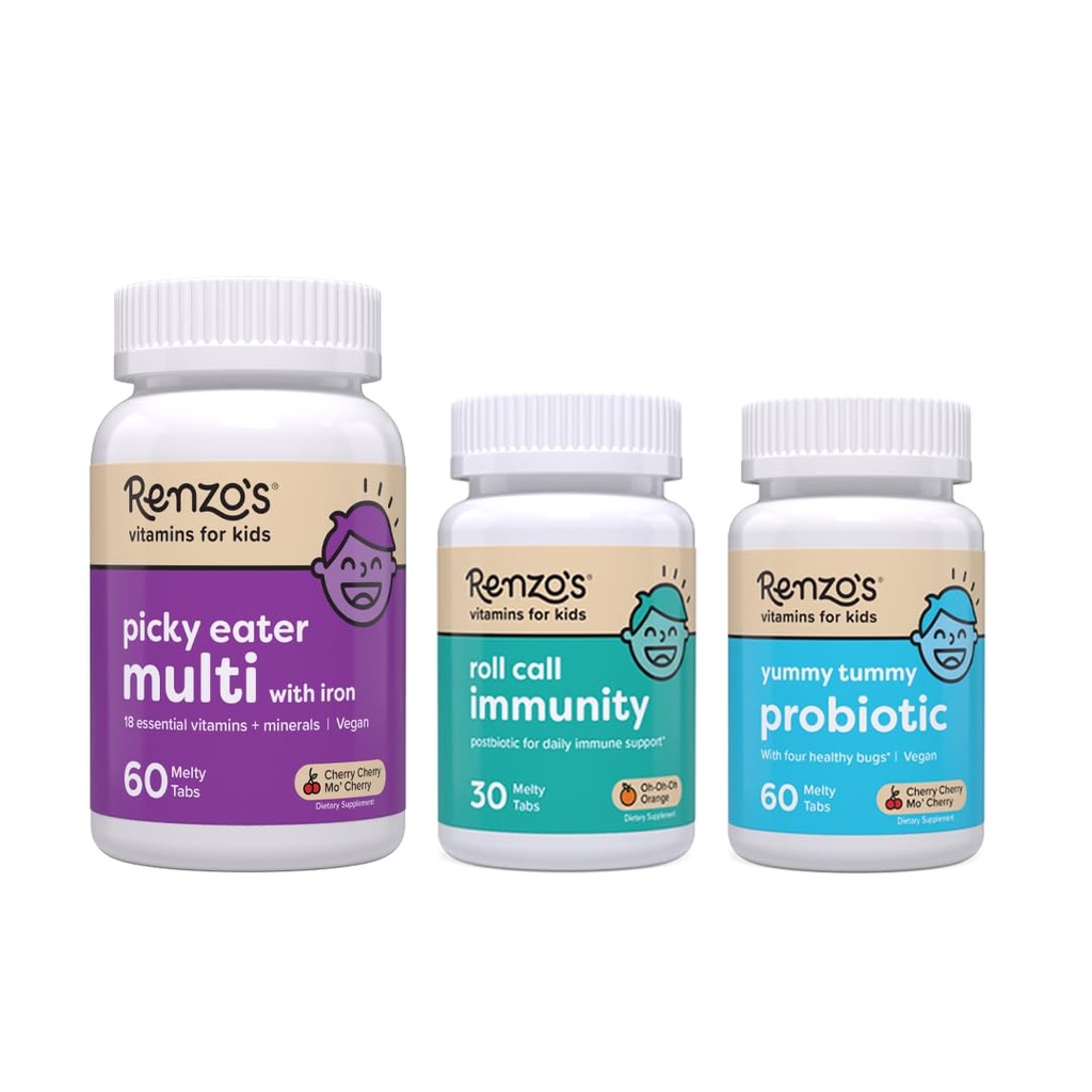 Renzo's School Day Essentials Bundle - Picky Eater Multi Cherry, Roll Call Immunity, Yummy Tummy Probiotics