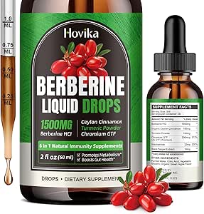 Berberine HCL gouttes liquides - 1500 mg Berberine supplément avec Ceylan Cinnamon, Chrome, Turmeric, Niacinamide - soutient le métabolisme et le système immunitaire, Gut Health - 2 FL Oz Vegan