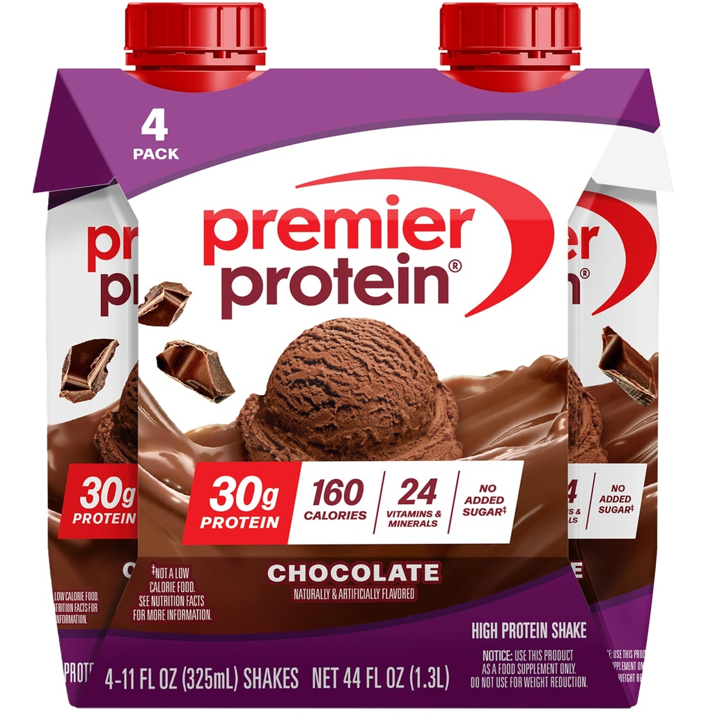 Premier Protein Shake, Chocolate, 30g Protein, No Added Sugar, 24 Vitamins & Minerals to Support Immune Health, 11 fl oz, 4 Pack