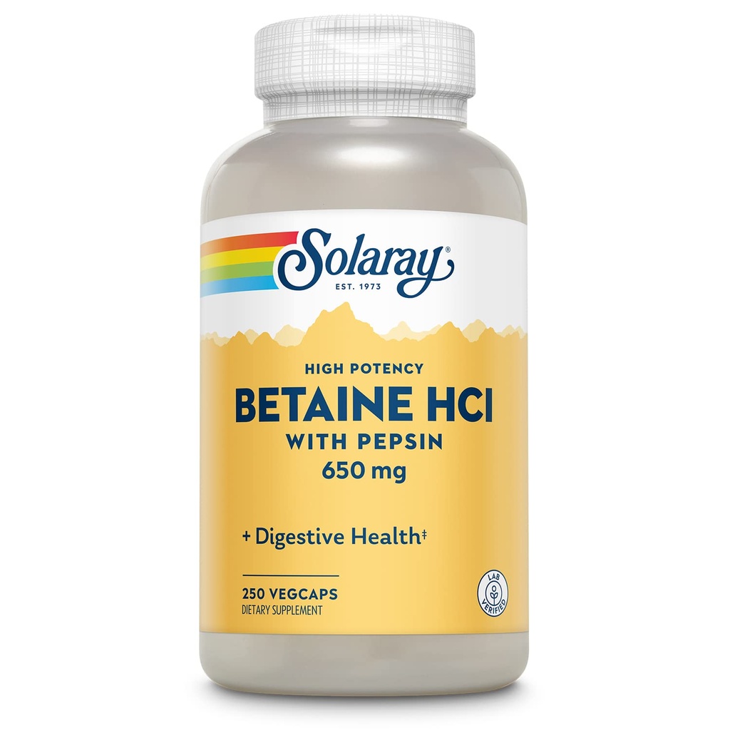 Solaray High Potency Betaine HCL avec Pepsin - Supplément d'acide chlorhydrique pour la santé digestive - avec chlorhydrate de bétaine et enzymes digestives - Gut Health Support - Garantie de 60 jours, 250 VegCaps