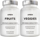 Amen Fruits + Veggies Vitamins Bundle, Raw Whole Food Multivitamin Capsules, Greens Vegetables, Red Fruits & Berries Vegan Blend, Fibers + Phytonutrients Superfood Minerals Supplement, Non-GMO, 180 ct