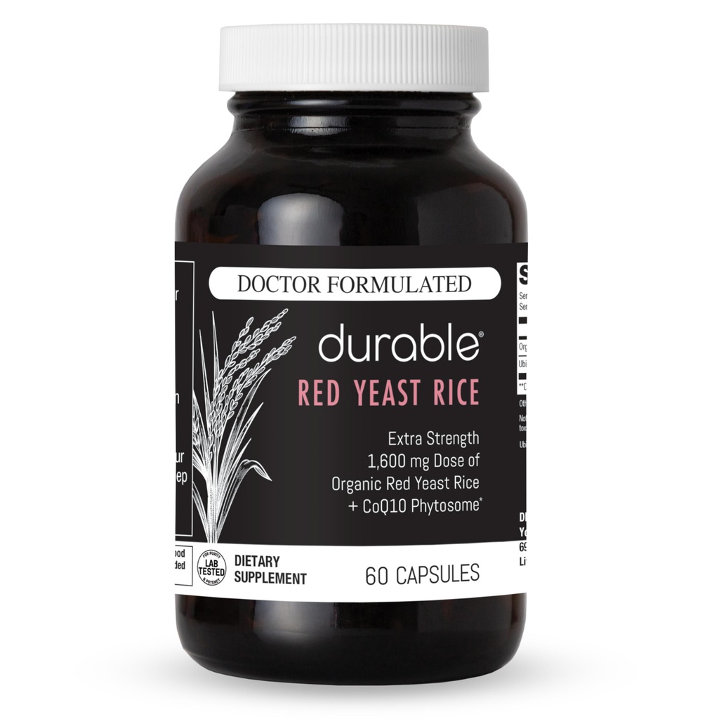 Durable RED Hefe Reis – Bio 1.600 mg Extra Strength + CoQ10 Phytosome – Unterstützt gesunde Cholesterin, Herz, Lipide & Zirkulation – Doctor Formuliert, Non-GMO, Vegan, Made in USA (60 Kapseln).