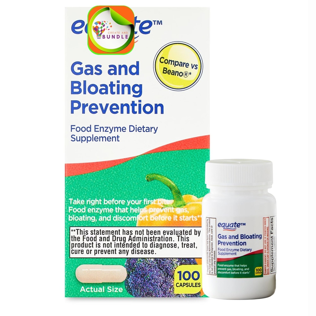 Gas and Bloating Relief Support, Food Enzyme Dietary Supplement, Digestive Comfort Capsules 100 Count + Create Sticker