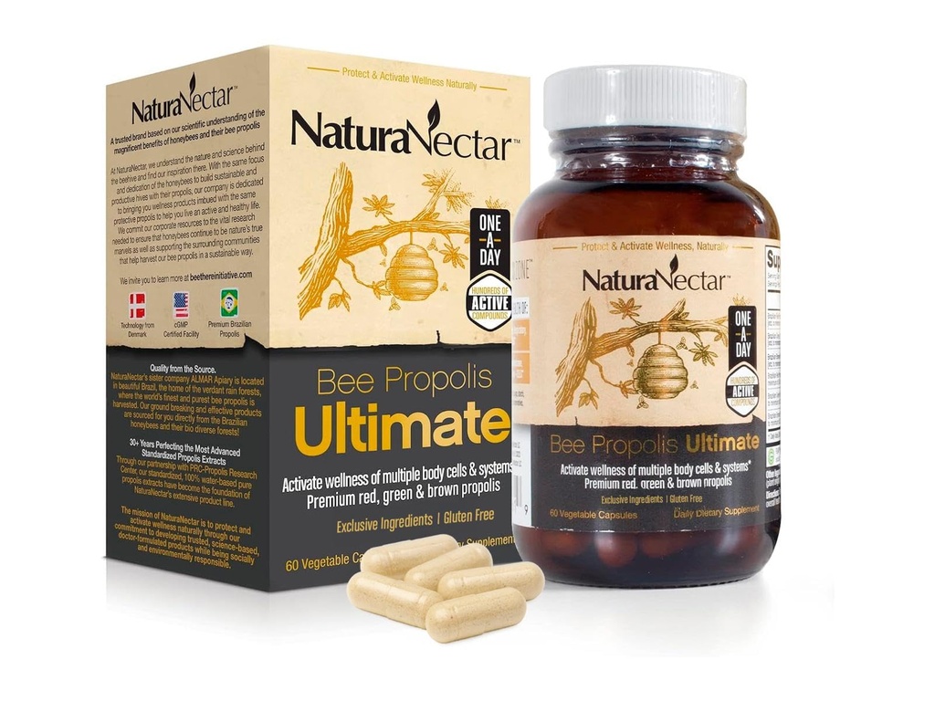 NaturaNectar - Ultimate Bee Propolis Capsule - Contenuti NSF Certificati -Brazilian Red, Brown, & Green - Gluten-Free Supplement with Flavonoids - Naturally Sourced Through Ethical Beekeeping (60pcs.)