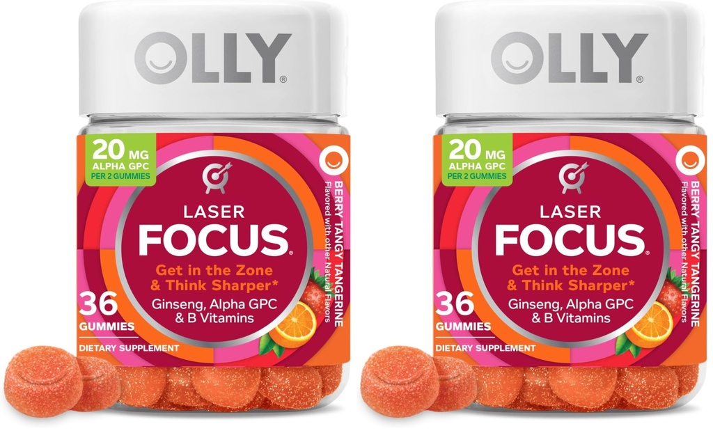 OLLY Laser Focus Gummy, Ginseng, Alpha GPC, B Vitamins, Berry Tangerine Flavor - 36 Count (Pack of 2)