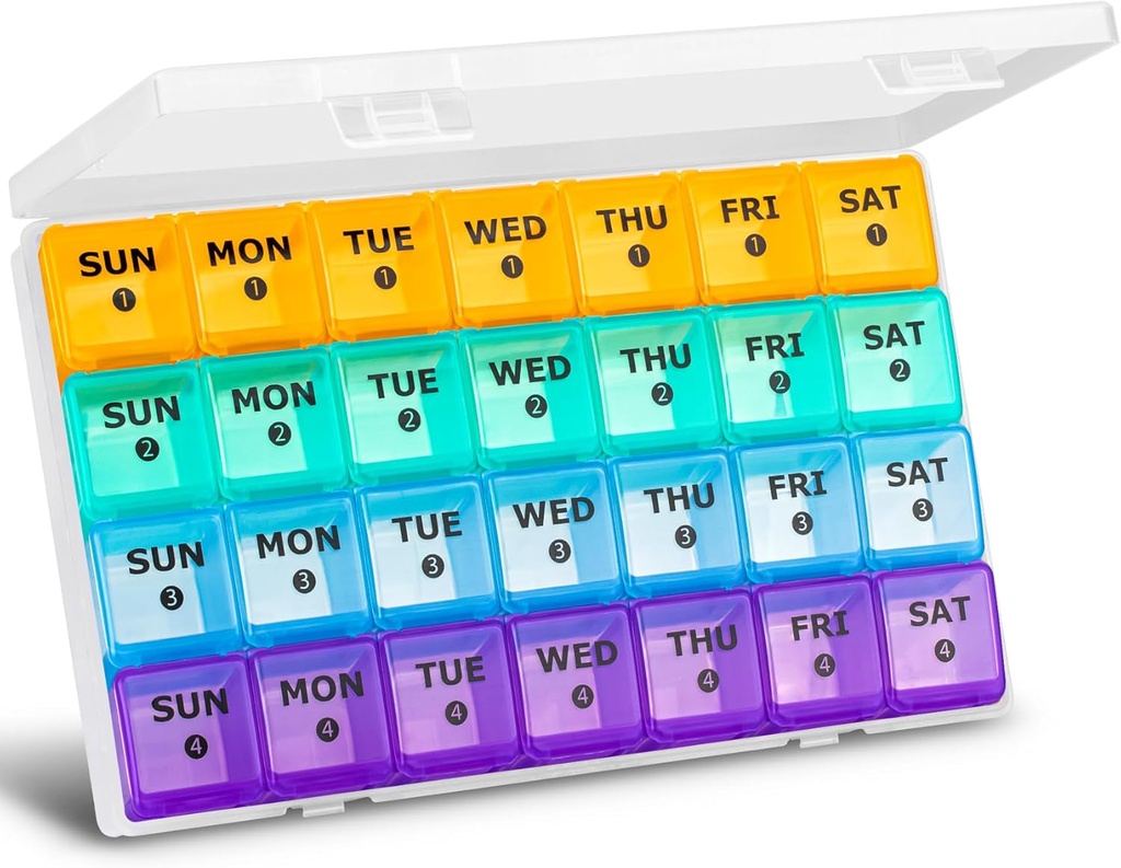 XL Large Monthly Pill Organizer 4 Wochen, 28 Tage Pill Organizer Weekly, Big Compartment with Travel Case, 7 Tage Pill Dispenser 4 Mal pro Tag, Medizin Organizer Box für Vitamin, Fischöl