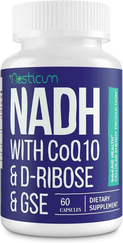 NADH 50mg + CoQ10 200mg + D-Ribose 150mg Supplement, Boosting NAD+ Ergänzungen für Immunsystem, Zelluläre Energie, Fokus, Reduziertes Nicotinamid Adenin Dinukleotid, 60 Veggie Kapseln