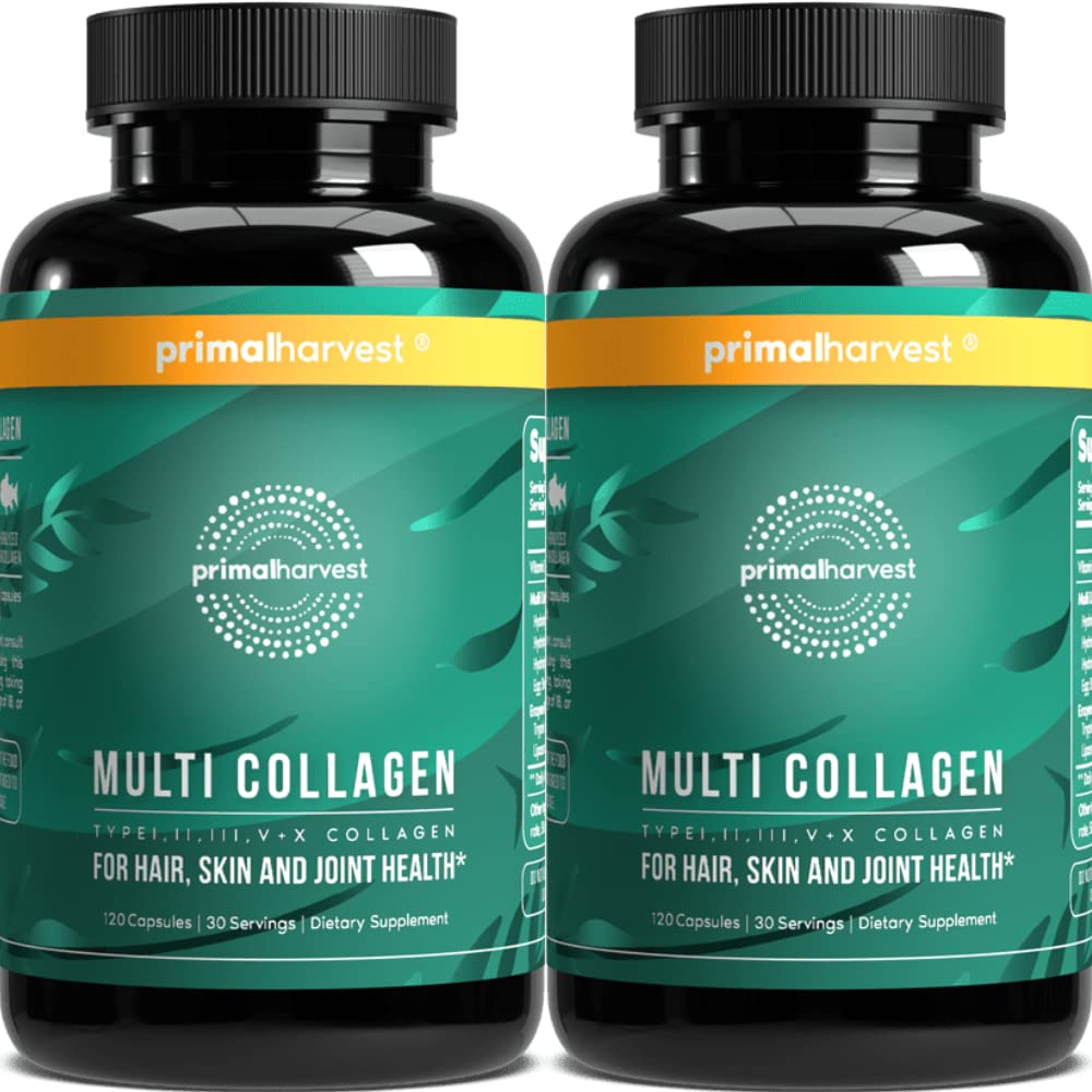 Primal Harvest 2 Pack, pilules multicollagènes pour les femmes et les hommes (Type I, II, III, V, X) Suppléments collagènes pour les femmes et les hommes, 120 Capsules avec/Vitamine C pour les cheveux, la peau, les ongles Collagen Peptides