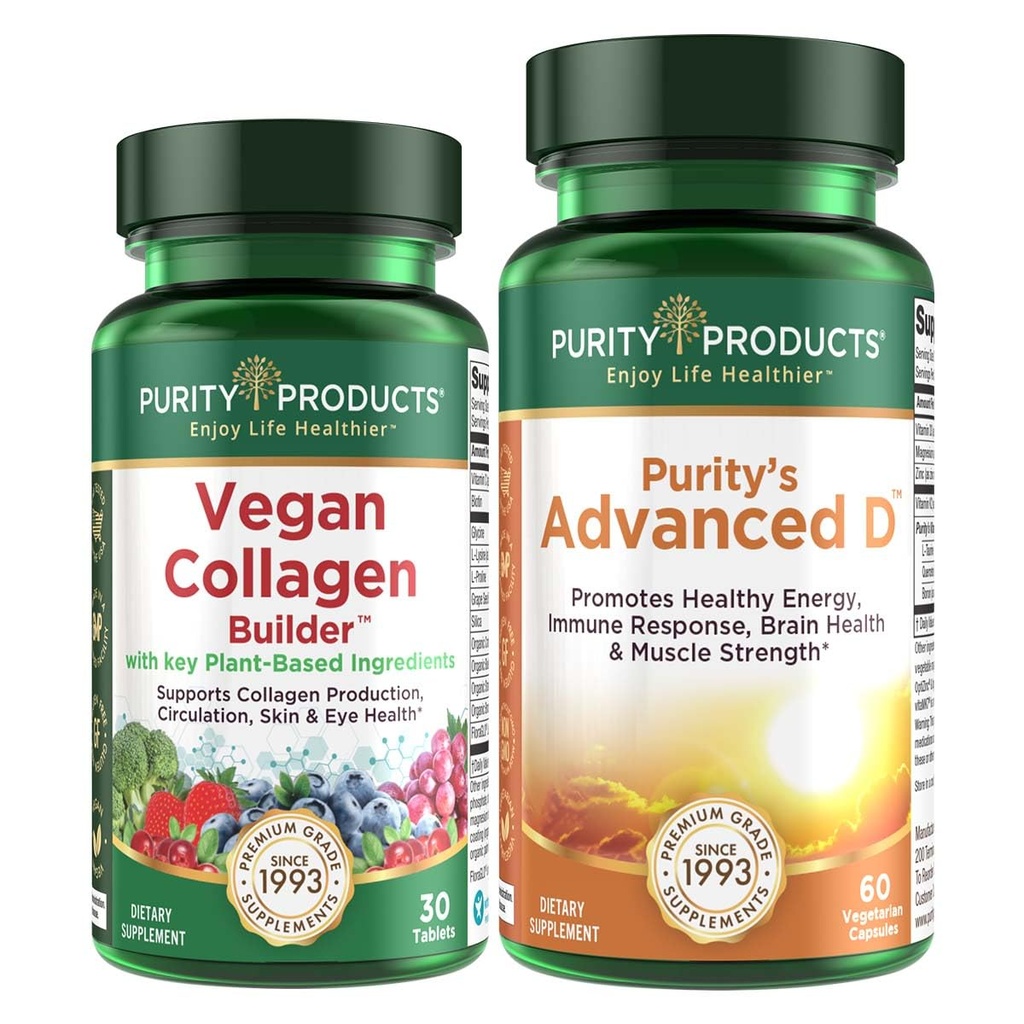 Purity Products Vegan Collagen Builder + Advanced D Bundle Organic Fruits + Vegetables, Vitamin D3, K2 (Menaquinone MK-7 MK-4), Vitamin C, Lutein, Biotin - 30 Servings