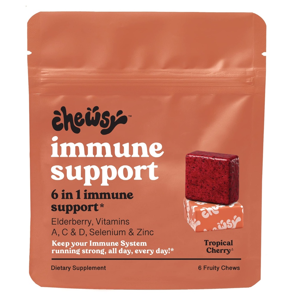 Chewsy - 6-in-1 Immune Support Fruity Chews with Elderberry - Vitamin C, A and D, Zinc and Selenium - Individually Wrapped - 6-Day Supply