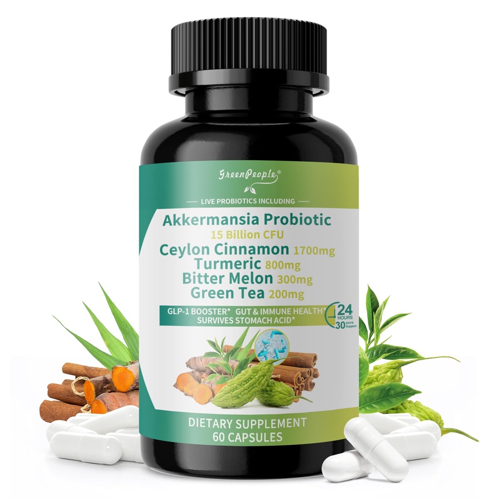 GREENPEOPLE Akkermansia Probiotics 15B CFU for Gut Function, 60CT Probiotics Supplement with Ceylon Cinnamon, Turmeric | Digestive Health & Metabolic Support | Women & Man | Vegan & Gluten Free