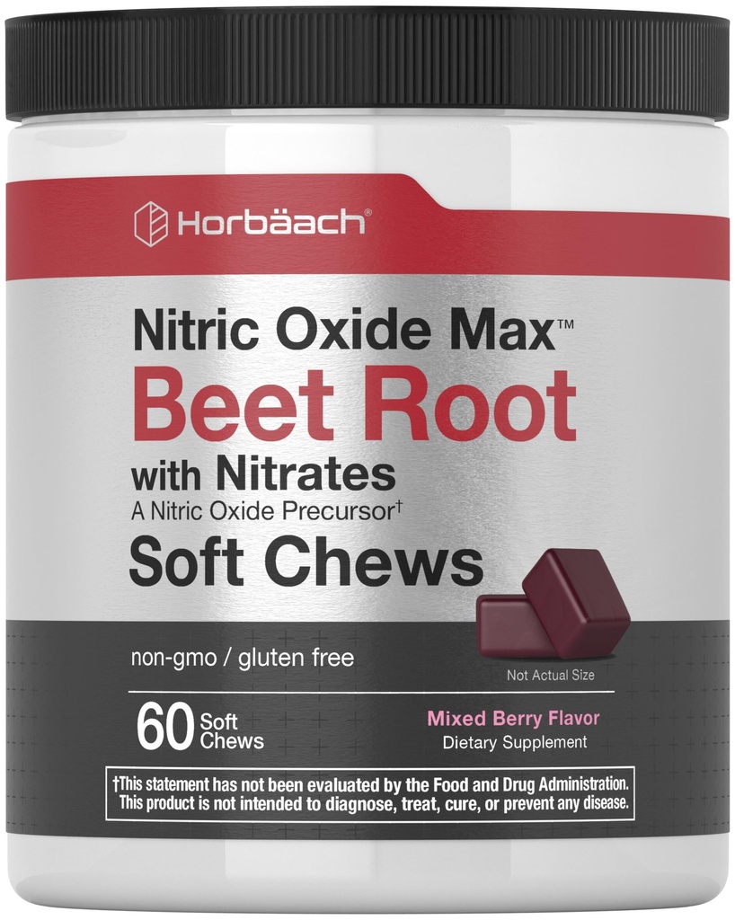 Horbäach Nitric Oxide Beet Root Soft Chews | 60 Count | Mixed Berry Flavor | for Men & Women | Vegan, Non-GMO & Gluten Free Supplement