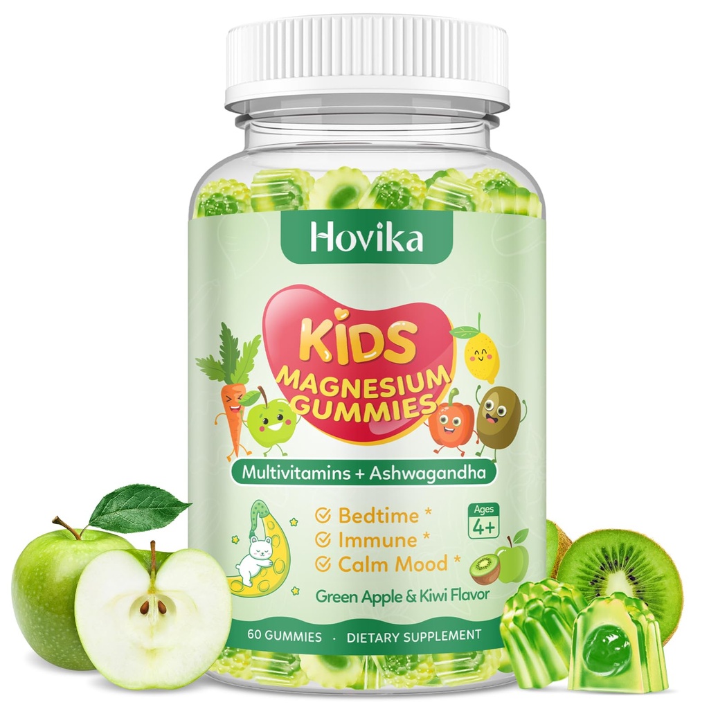 Magnesium Gummies for Kids - Magnesium Glycinate Gummies with L-Theanine, Chamomile & Multivitamins for Sleep, Calm & Focus - Green Apple & Kiwi Center-Filled Gummies 60 ct
