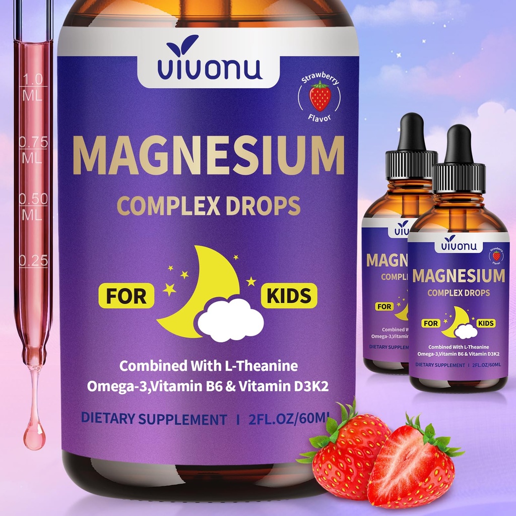 Kids Magnesium Liquid Drops, Magnesium Glycinate Liquid for Children's Supplement with Vitamin D3 K2 B12 & B6, Omega 3,L-theanine,Lemon Balm-for Sleep,Relaxation,Calm,Focus, Strawberry Flavor