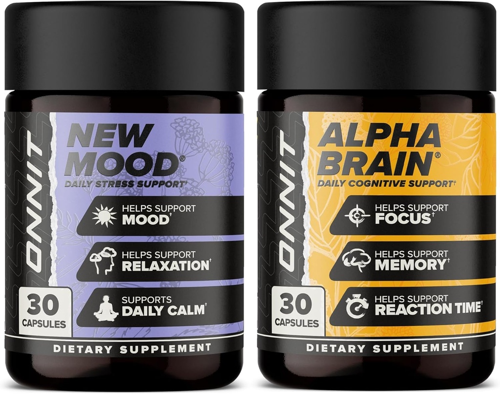 ONNIT Premium Alpha Brain Bundle - Nootropic Brain Supplement (30 Zähler) für Fokus, Konzentration & Speicher + Neue Mood Ergänzung für Stress Relief, Schlaf und Stimmung (30 Zähler)