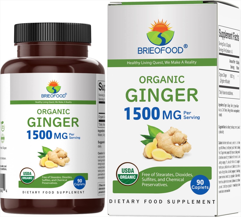 Brieofood Bio Ginger 1500mg, 45 Servierungen, Vegetarisch, Glutenfrei, 90 vegetarische Tabletten