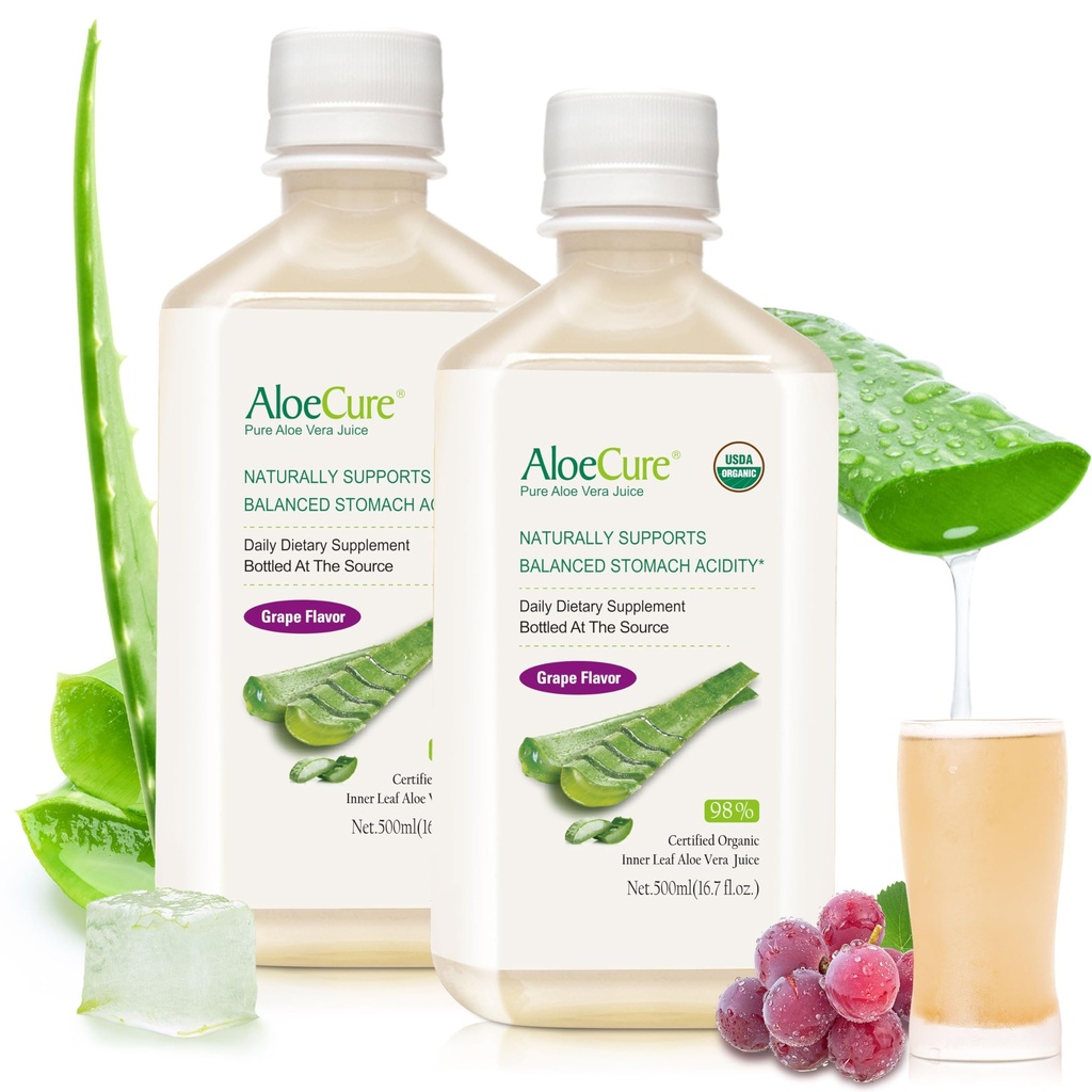 AloeCure USDA Organic Aloe Vera Juice Grape Flavor, fatto entro 12 ore di raccolto - Pure Aloe Vera Digestive & Immune Health Supplement, aiuta a mantenere l'acidità di stomaco bilanciata, 16.7oz x 2 Btls