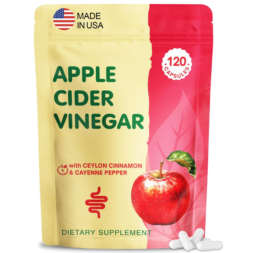 Apple Cider Vinegar Capsules with Mother, ACV Pills Supplements with Organic Cayenne Pepper & Ceylon Cinnamon, Inulin, Probiotics for Diet, Digestion, Detox, Immune, Vegan, 120 Ct