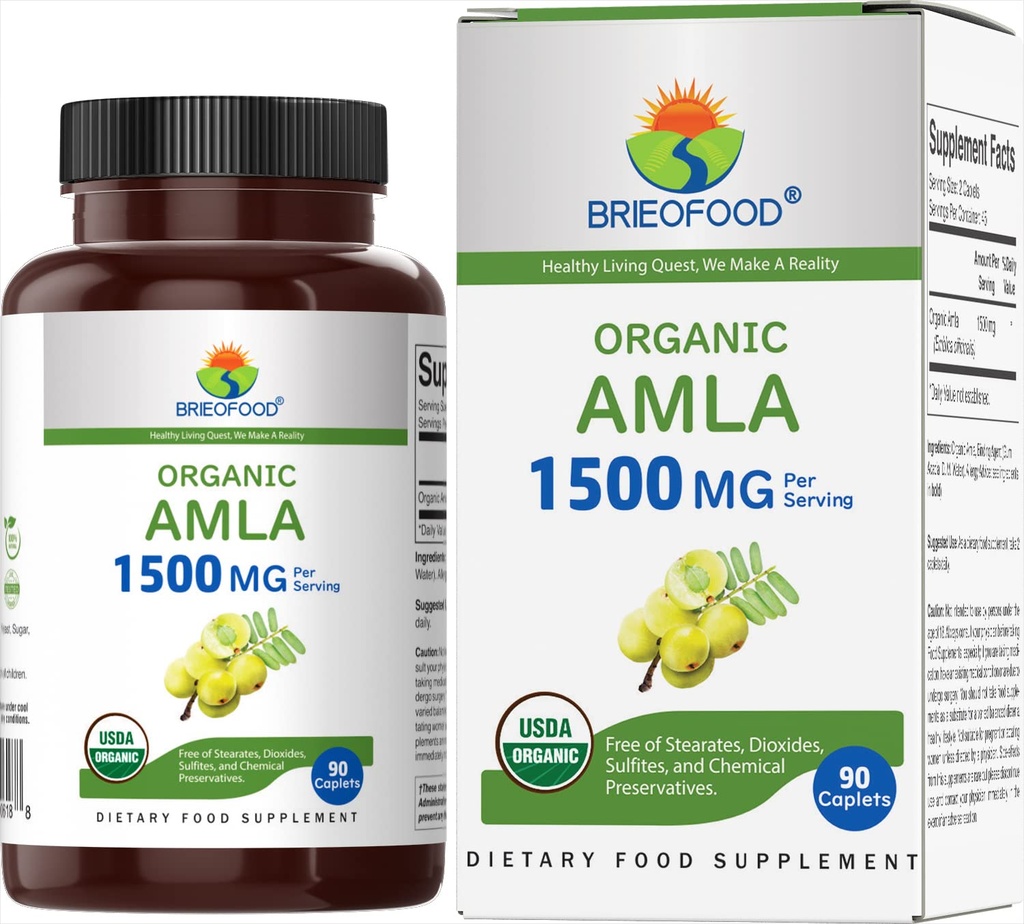Brieofood Organic Amla 1500mg, 45 Servierungen, Vegetarisch, Glutenfrei, 90 vegetarische Tabletten
