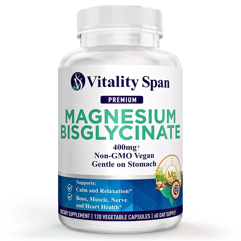 Magnesium Glycinate 400mg, Chelated Magnesium Bisglycinate for Relaxation and Sleep Aid, Extra Strength with Magnesium Oxide, Gentle on Stomach, Vegan, 120 Capsules, Made in USA