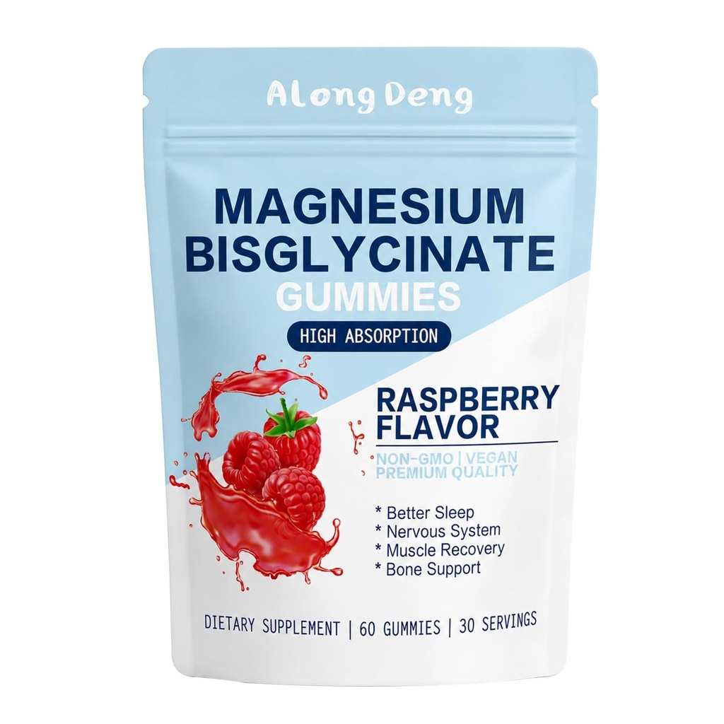 Magnesium Bisglycinate Gummies, with 500mg Magnesium Bisglycinate Chelate Sea Salt Raspberry Fruit Powder, Improve Sleep & Nervous, Relax Muscles, Strengthen Bones, Vegan, 60 Count (1Bag)