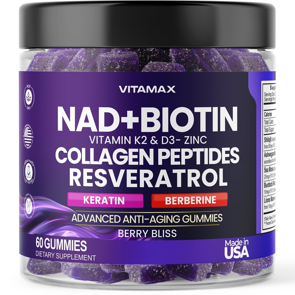 NAD+, Resveratrol, Berberine, & Biotin Anti-Aging Gummy - Haar, Haut, Nails & Joint Supplement - Collagen Peptides, Keratin, Zink, Vitamin K2 & D3 Gummies -Regeneration- Non-GMO - Made in USA 60 Count