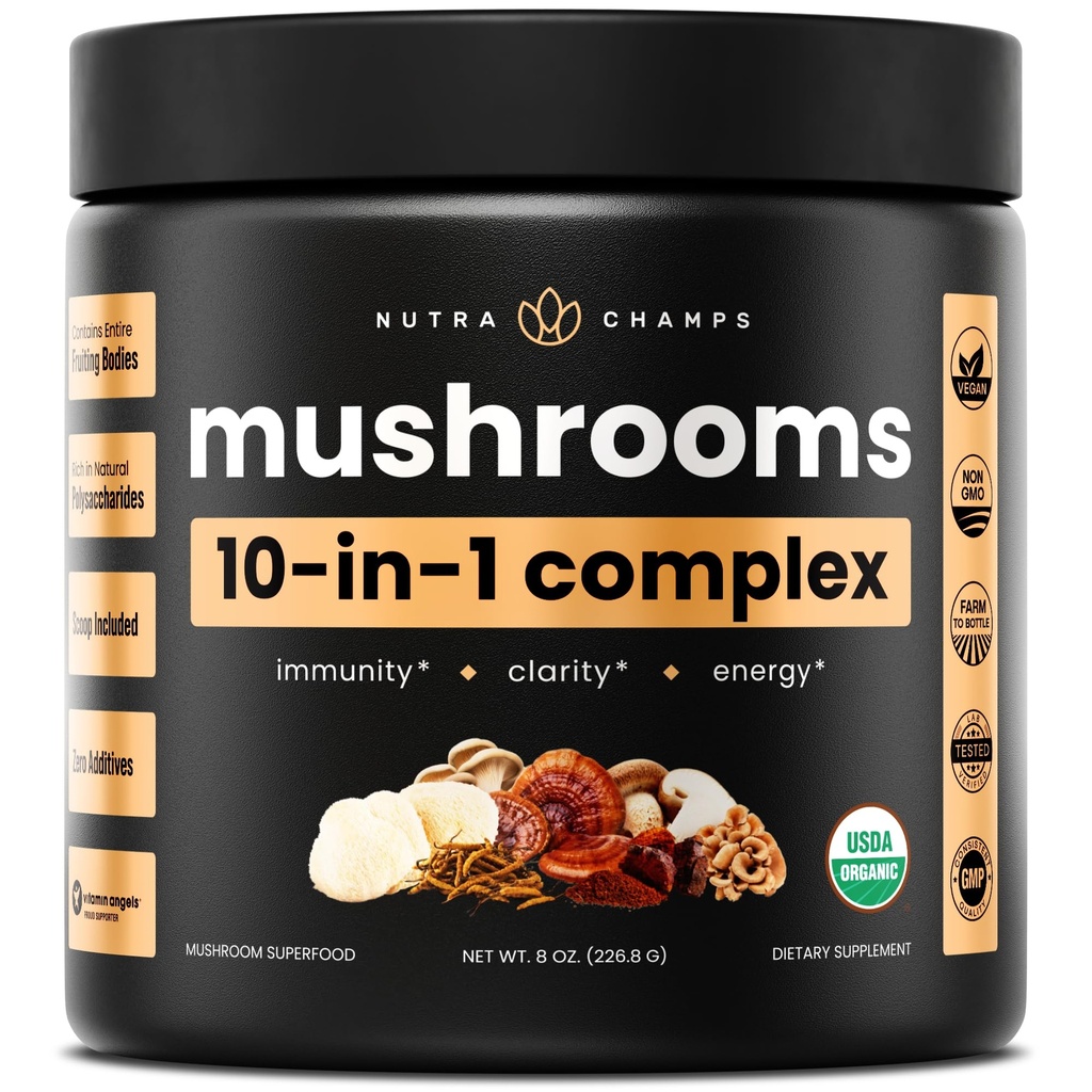 NutraChamps Organic Mushroom Powder - 10-in-1 Complex - Pilz-Ergänzungs-Pulvermischung für Gedächtnis, Fokus & Immununterstützung - 8oz (8.0 OZ, Pilzmischung)