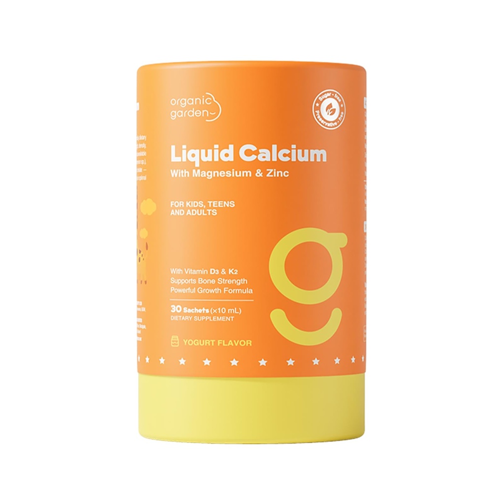 Organic Garden Liquid Calcium with Magnesium & Zinc for Bone Support - Triple Calcium Complex, Vitamin D3 & K2, Yogurt Flavor, 30 Single-Serve Sachets (10mL Each) (1)