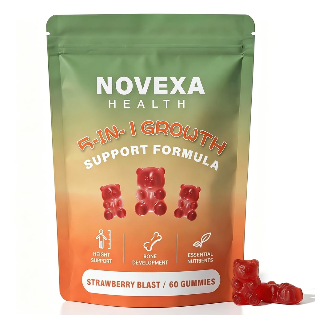 Novexa Growth Gummies, 5 in 1 Growth Gummies, with Vitamin D3 & K2, Non-GMO Formula, Gluten‑Free, Strawberry Flavor, 60 Count (1PCS)