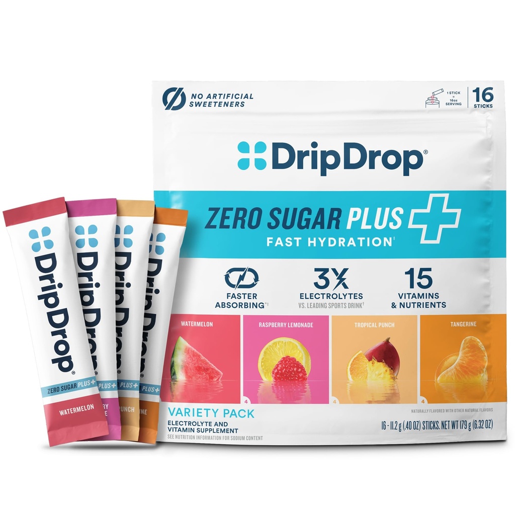 DripDrop Zero Sugar Plus - Sugar Free Hydration Packets- Single Serve Electrolytes Powder Drink Mix - Raspberry Lemonade, Watermelon, Tangerine, Tropical Punch - Non-GMO, Vegan- 16 Sticks