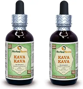 Kava Kava (Piper Methysticum) Glycérite, extrait liquide sans alcool séché (marque: HerbalTerra, fièrement fabriqué aux États-Unis) 2x2 fl.oz (2x60 ml)