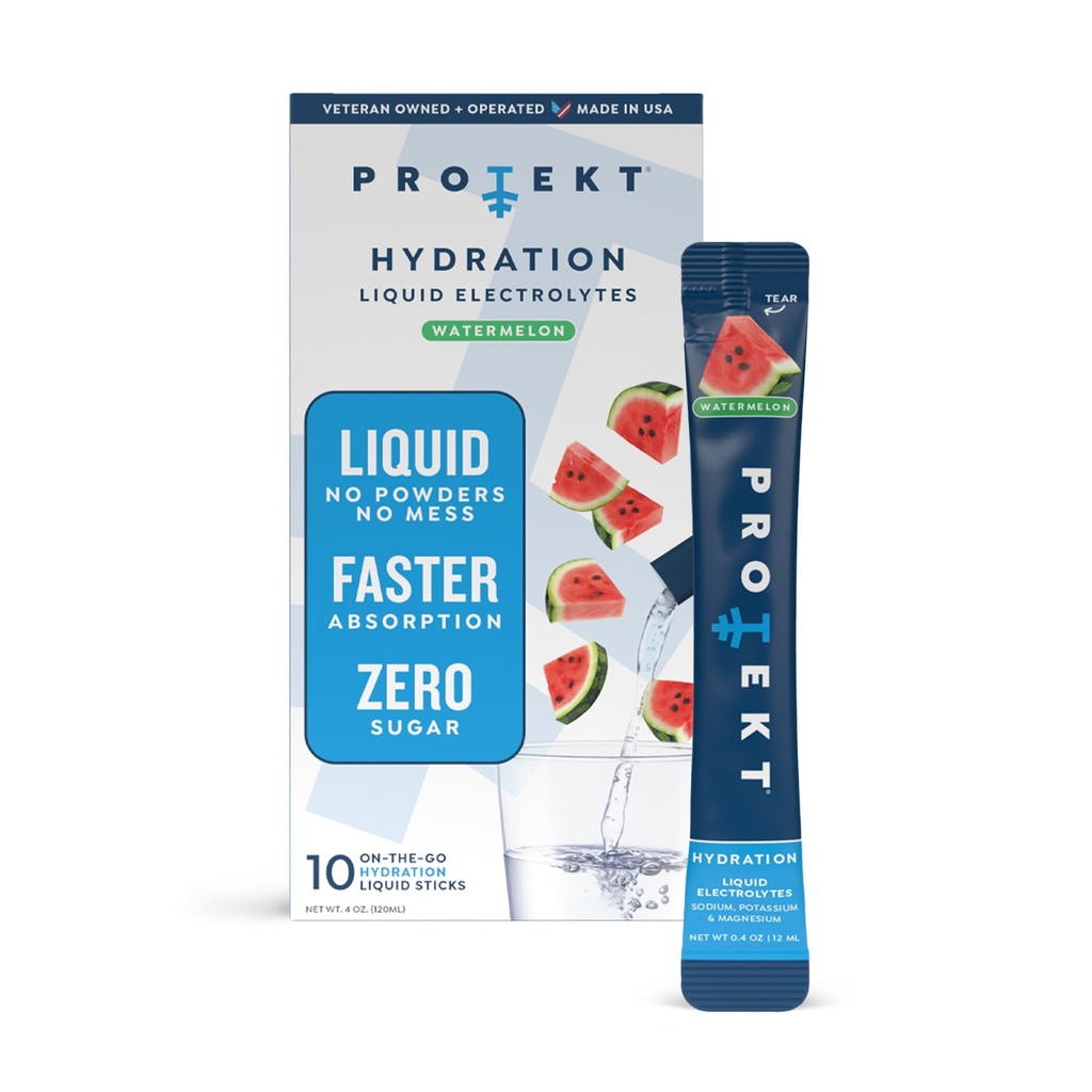 PROTEKT Electrolyte Packets for Recovery & Hydration | Organic & Sugar-Free Electrolytes Drinks | Works Faster Than Powder Drink | On-The-Go Liquid Hydration Drink | Watermelon, 10 Pack