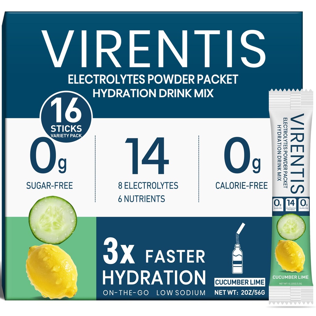 16 Sticks Electrolytes Powder Packets Sugar Free Hydration Packets Liquid Daily IV Electrolyte Drink Mix for Rehydration with 8 Electrolytes & 6 Vitamins, Low Sodium, Cucumber Lime