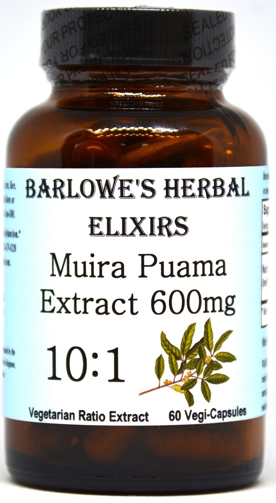 Estratto di erbe di Barlowe Muira Puama 10:1 600mg Per Capsule | Integratore di vitalità maschile tradizionale | 60 capsule vegane | Senza stearato, Non OGM, Confezionato in bottiglia di vetro